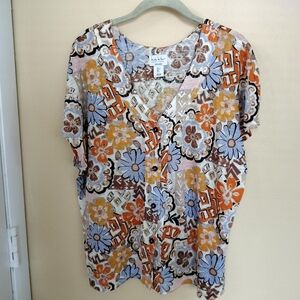 Nicole Miller Linen floral button down shirt top Large Office Travel